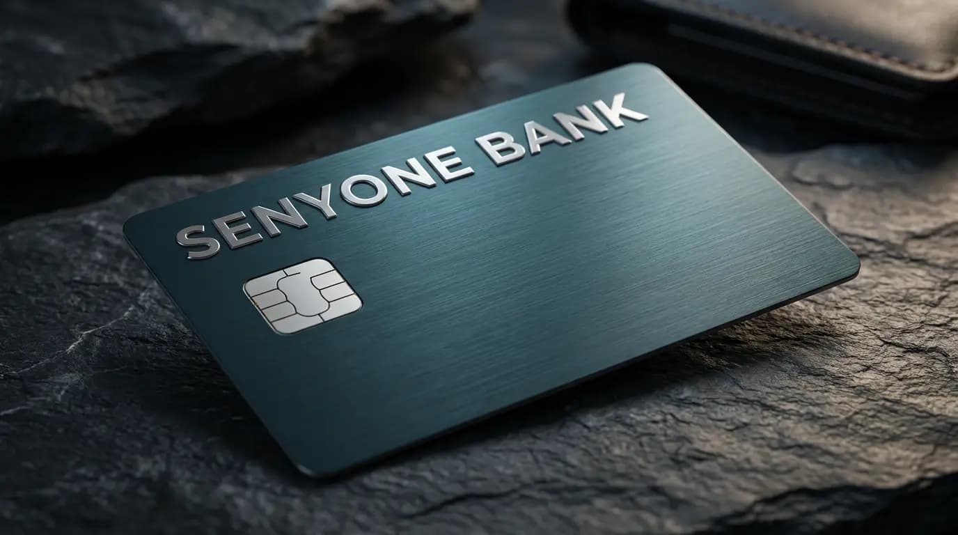 Carte métal Senyone Bank en teal brossé, gravée SENYONE BANK, posée sur une ardoise sombre